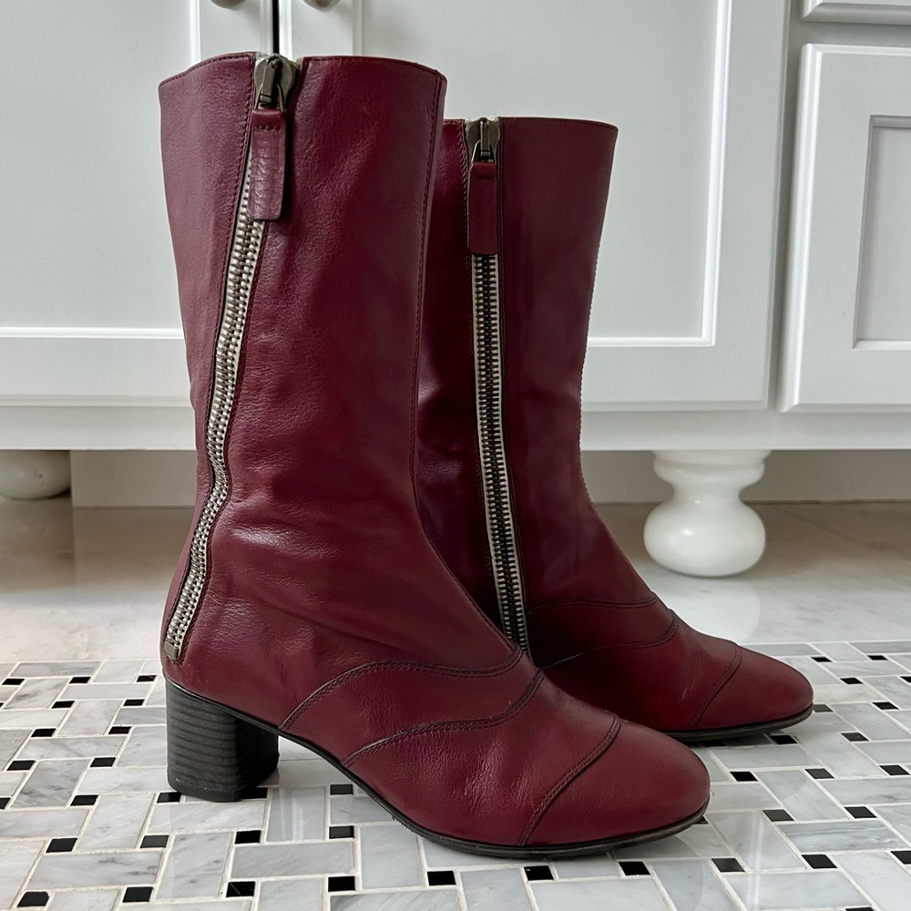 Chloe Side-Zip Leather 70mm Mid-Calf Boot, Deep Plum Size 38